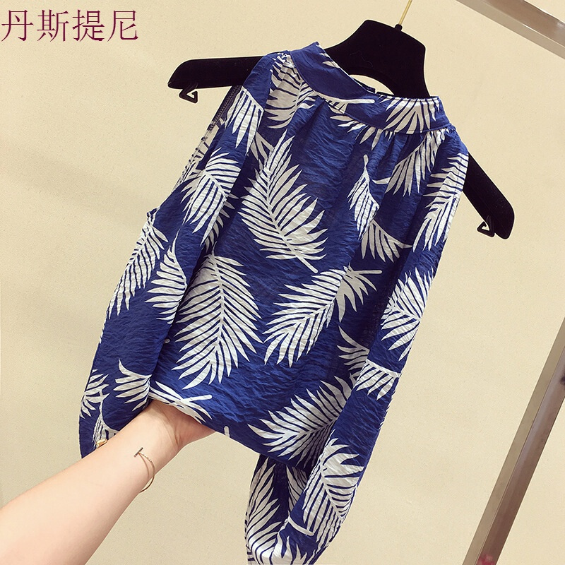 漏肩无袖上衣女夏季2018新款韩版印花背心宽松超仙洋气雪纺衫
