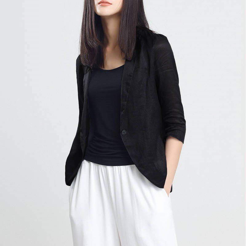 2019春夏季薄款棉麻亚麻简约休闲女士西服宽松小西装短外套上衣