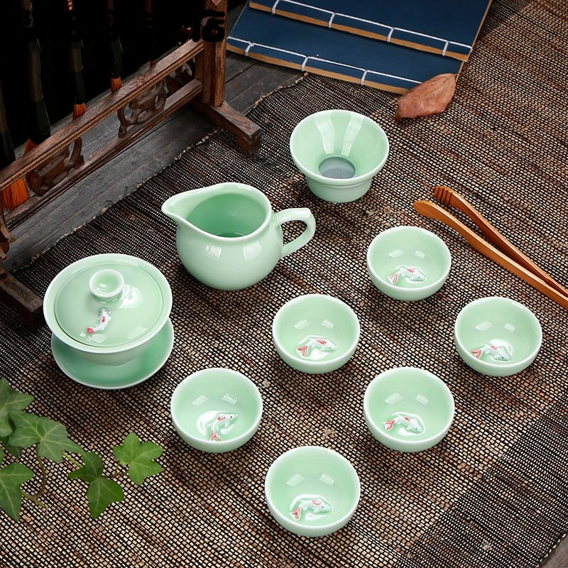 简约青瓷茶具套装鲤鱼茶杯一壶六杯红色彩鲤鱼杯茶洗家用茶具套装多色生活日用家庭清洁生活日用家居器皿水具/水杯