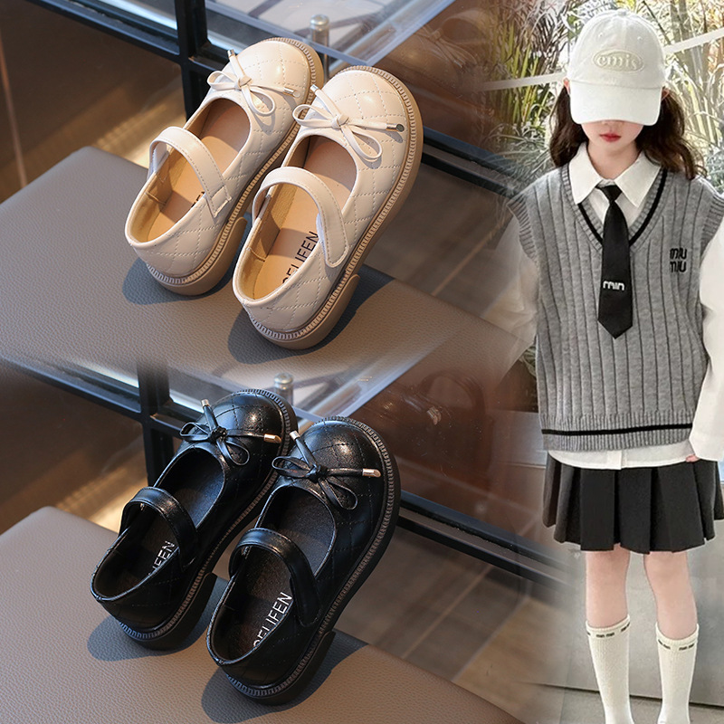 女童皮鞋2026新款春季儿童小香风浅口单鞋蝴蝶结女宝宝软底公主鞋