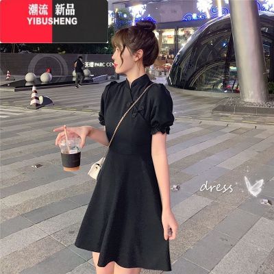 YIBUSHENG红色设计感盘扣裙子2022款改良旗袍复古收腰显瘦茶歇法式连衣裙 黑色 XL110-125斤