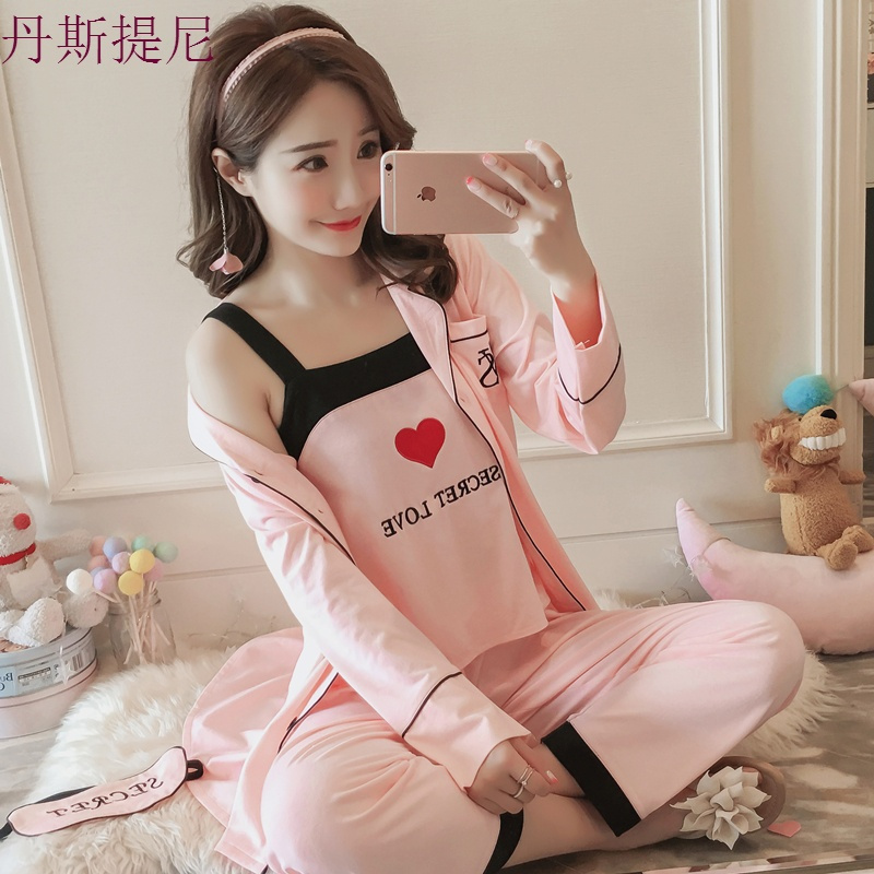 睡衣女春秋季长袖纯棉韩版女士性感带三件套装夏季薄款家居服冬