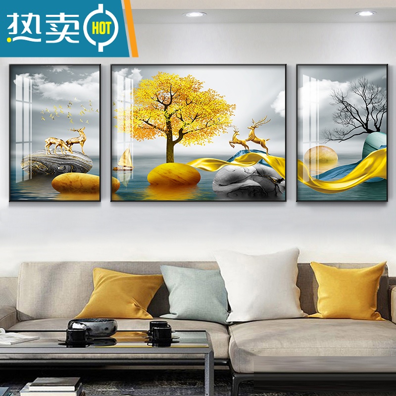 敬平轻奢客厅装饰画沙发背景墙壁画现代简约大气三联画餐厅挂画晶瓷画装饰画 富贵麋鹿-2 60*80/120*80/60*80挂3.5米左右的沙发钢琴