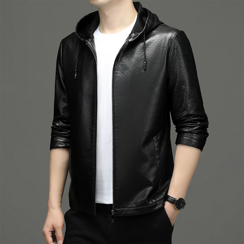 掉皮包换 海宁男士真皮皮衣男士山羊皮连帽短款青年修身皮夹克潮流