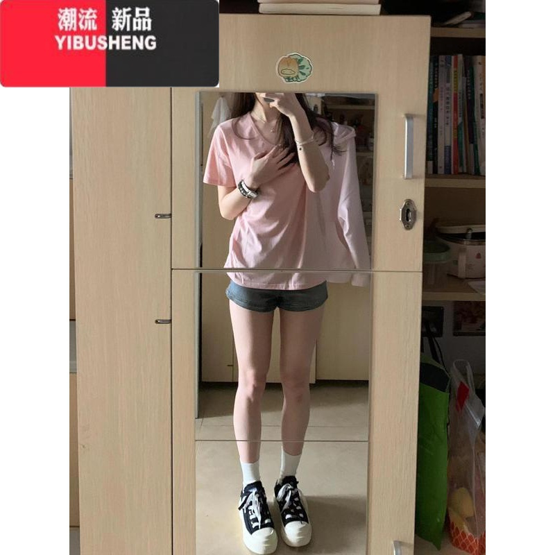 YIBUSHENG正肩V领纯色短袖T恤女韩版潮宽松显瘦百搭半袖上衣简约休闲体恤