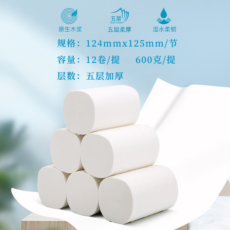 织梦 卫生纸家用原生木浆无芯卷纸 五层加厚12卷*1提(共12卷) 整提实惠装擦手纸厕纸巾 母婴可用