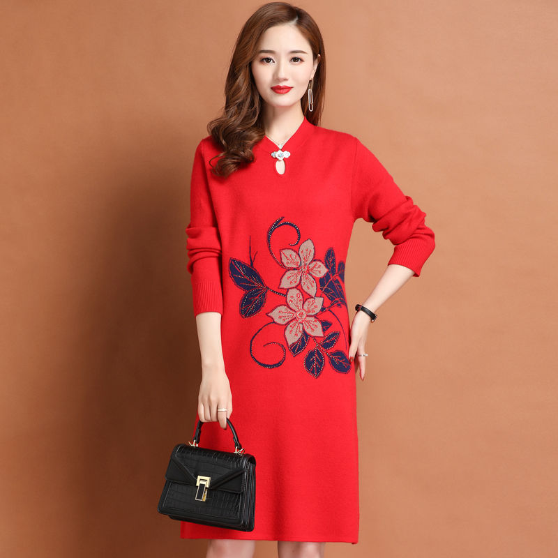 加厚新中式国风改良旗袍包臀长裙子女春秋大码收腰针织打底羊绒连衣裙红色旗袍裙气质长款复古高级感敬酒服连衣裙 深蓝色 M