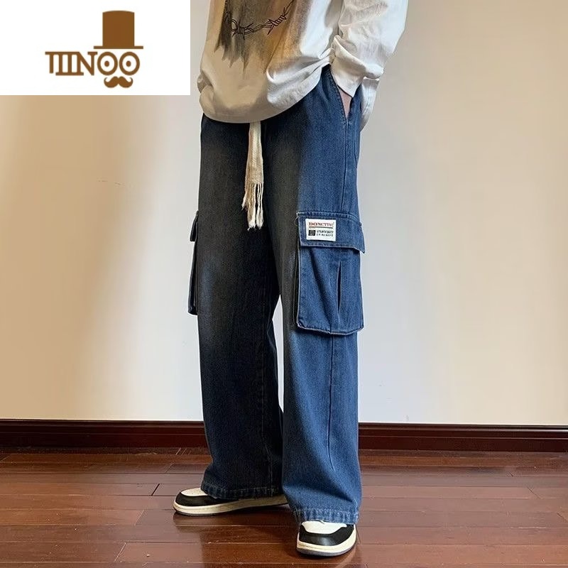 YANXU黑色多口袋工装牛仔裤男美式复古水洗潮牌街头宽松bf直筒休闲长裤高清大图