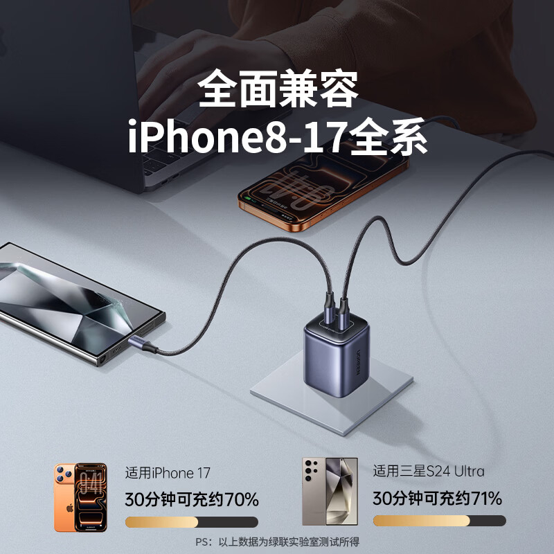 绿联折叠双口45W氮化镓快充 白色、黑色 颜色随机高清大图