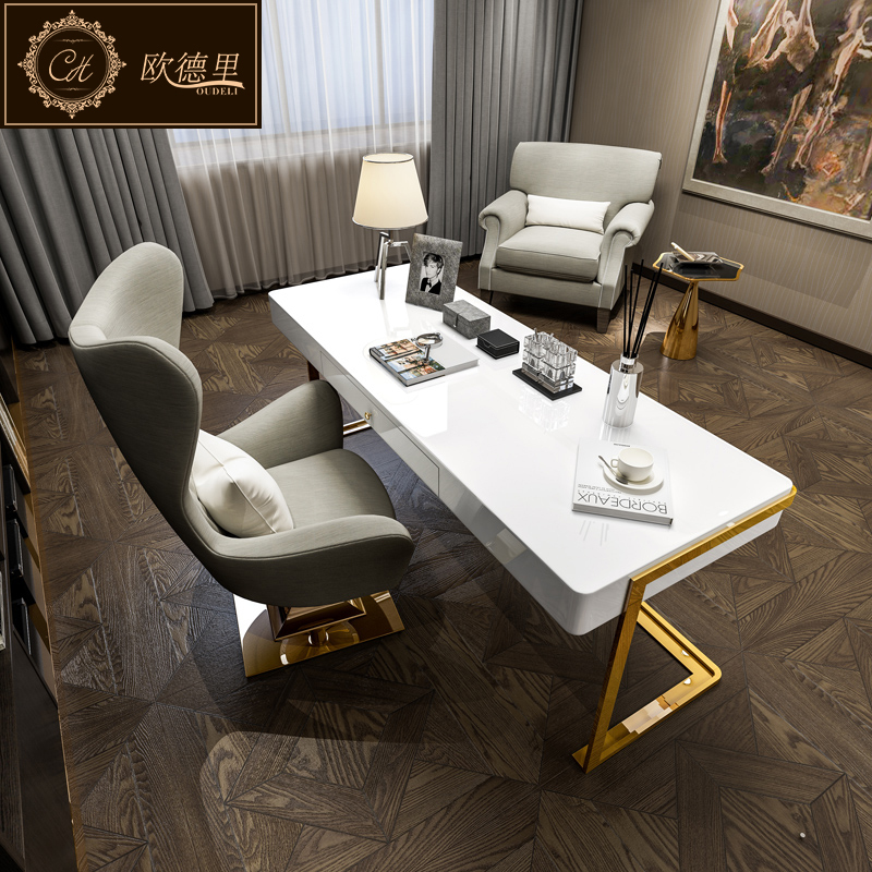 后现代轻奢书桌简约办公桌写字台烤漆时尚卧室不锈钢镀钛金电脑桌