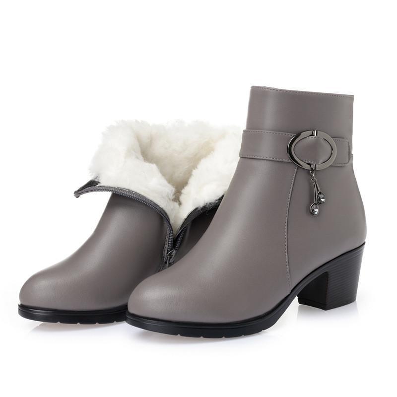 秋冬季棉靴子中年短靴女士真皮中跟粗跟加绒羊毛皮鞋妈妈棉鞋大码