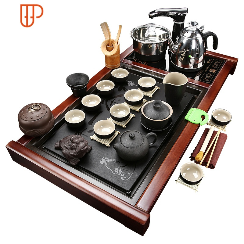 全自动实木旅行喝茶具家用木质功夫整套烧水壶石茶台一体茶海 国泰家和 15红韵心.一味+冰裂+黑自动(带)