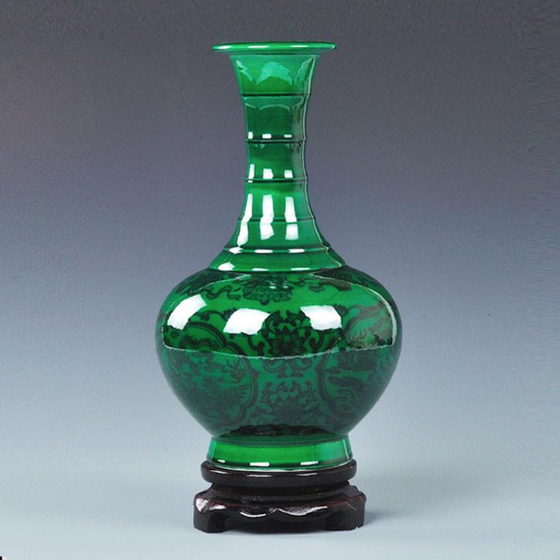 景德镇陶瓷绿釉家居花瓶摆件仿古花瓶青花瓷瓶双耳瓶中式工艺品 三维工匠 小号翡翠绿凤尾瓶+底座高清大图