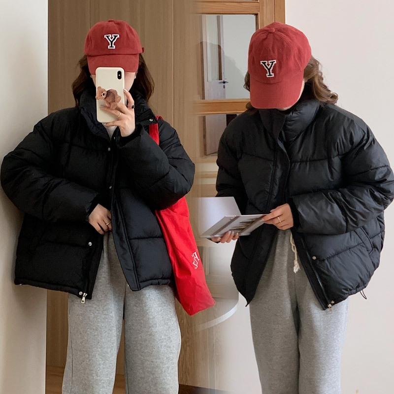 羽绒棉衣棉服女新款冬季韩版黑色小个子加绒短款立领面包服外套女 黑色 L