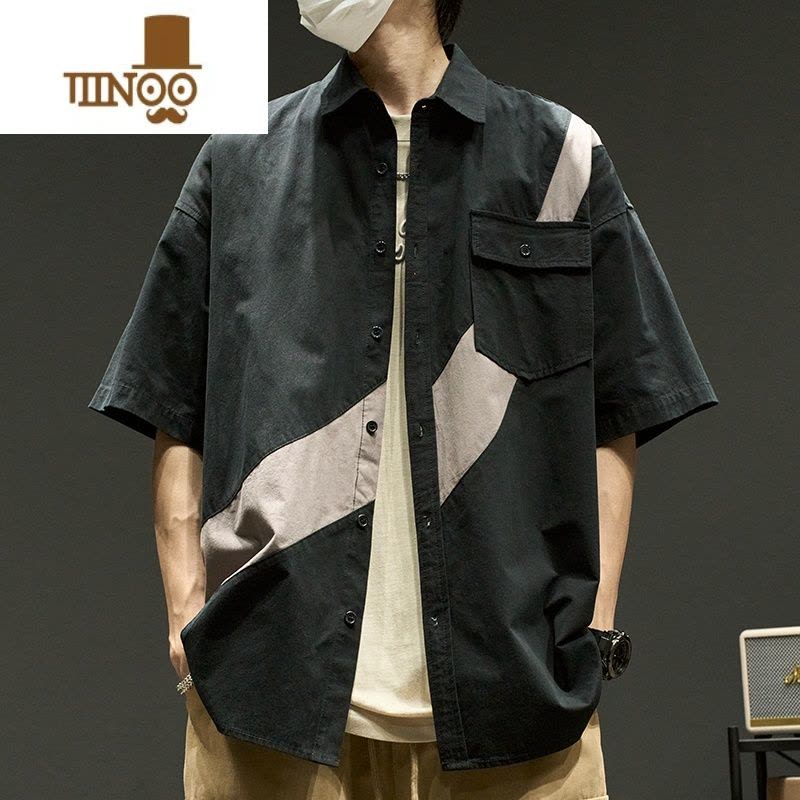 YANXU短袖衬衫男款夏季日系港风复古衬衣潮牌男生翻领拼色工装外套衣服图片