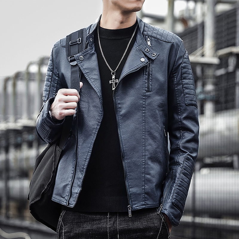 newlake皮衣男潮流韩版帅气仿真皮夹克立领斜拉链修身骑行服机车外套