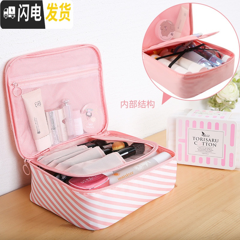 三维工匠网红化妆包ins风超火小号便携大容量化妆袋少女心洗漱品收纳盒 A款粉色条纹（内部无分隔）