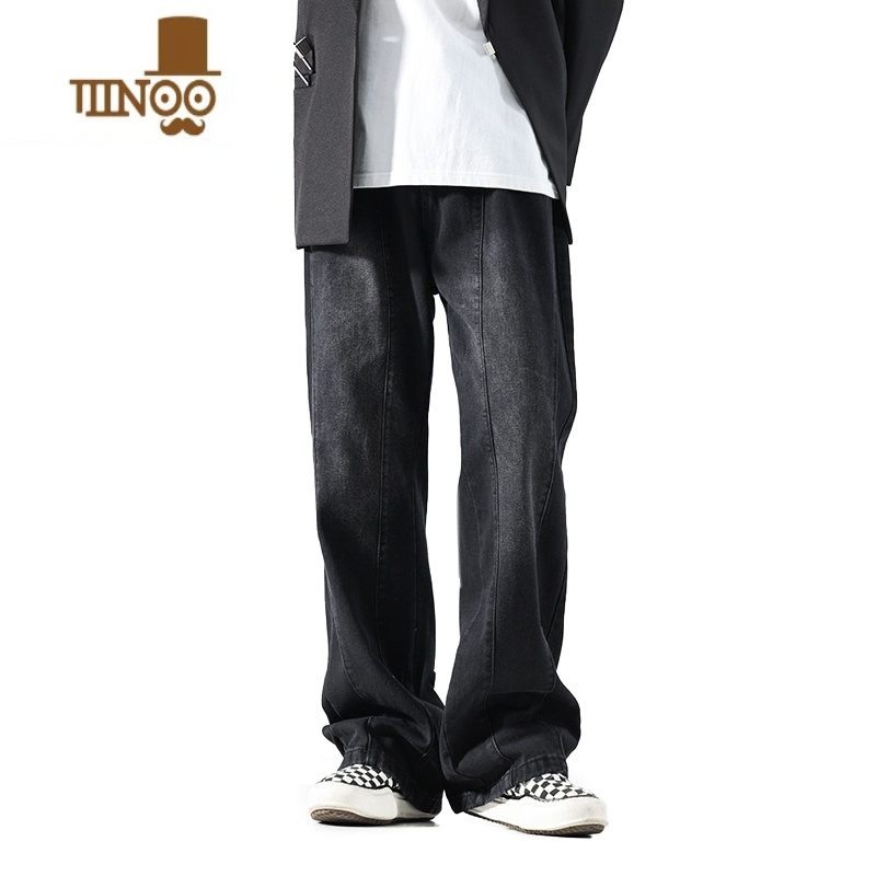 YANXU微喇叭黑色牛仔裤男款高街复古风直筒拖地水洗阔腿裤高清大图