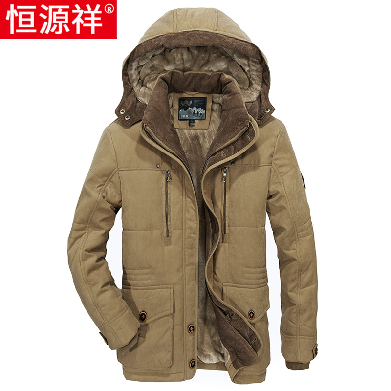 恒源祥棉衣男士秋冬季加绒加厚户外工装棉服中长款中老年棉袄外套 卡其 5XL体重175-190斤