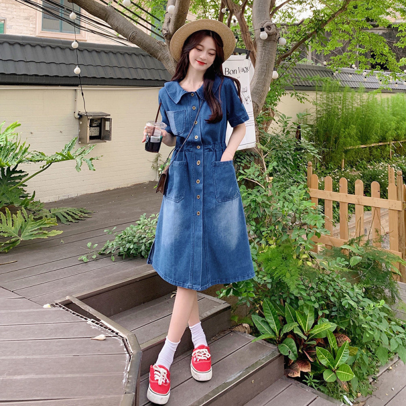 美动态大码女装夏季新款蓝色牛仔连衣裙胖mm藏肉显瘦过膝直筒裙女