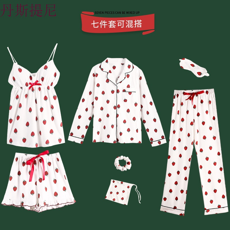 七件套睡衣女夏季纯棉秋季薄款长袖日式带胸垫短袖两件套装家居服