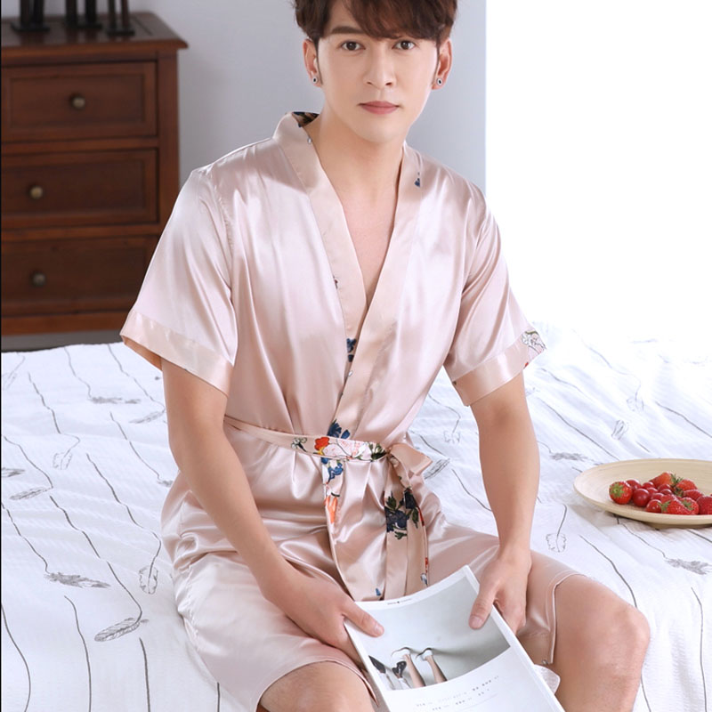 睡袍男夏季冰丝短袖薄款性感丝绸浴袍浴衣男士夏天丝质睡衣家居服