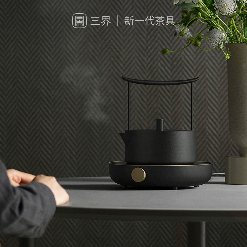 三界茶具 西壶电陶炉复古烧水壶 简约创意不锈钢煮茶壶家用泡茶烧水煮茶器迷你壶(黑色)