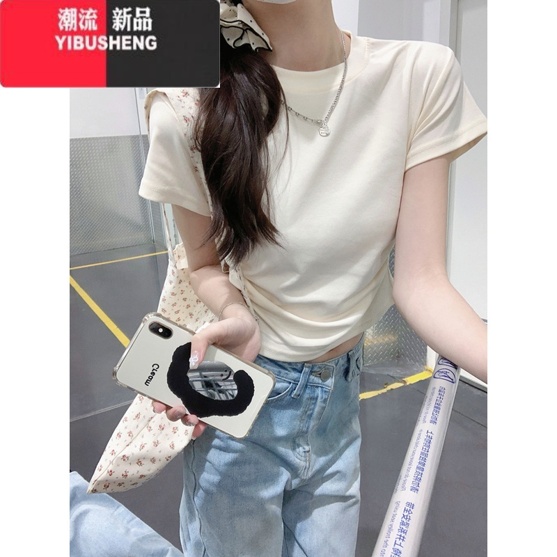 YIBUSHENG正肩t恤女短袖季修身显瘦又甜又辣纯欲不规则褶皱短款小衫上衣高清大图
