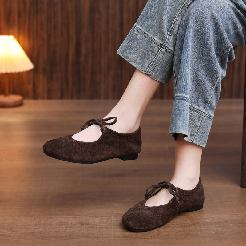 头层牛皮单鞋女2026春季新款浅口平底系带复古圆头软底百搭豆豆鞋
