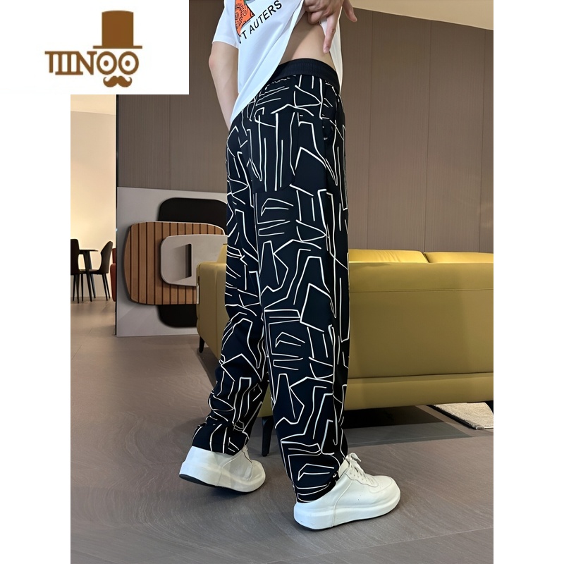 YANXU夏季薄款直筒裤男士时尚百搭透气冰丝休闲裤潮流民族风宽松运动裤高清大图