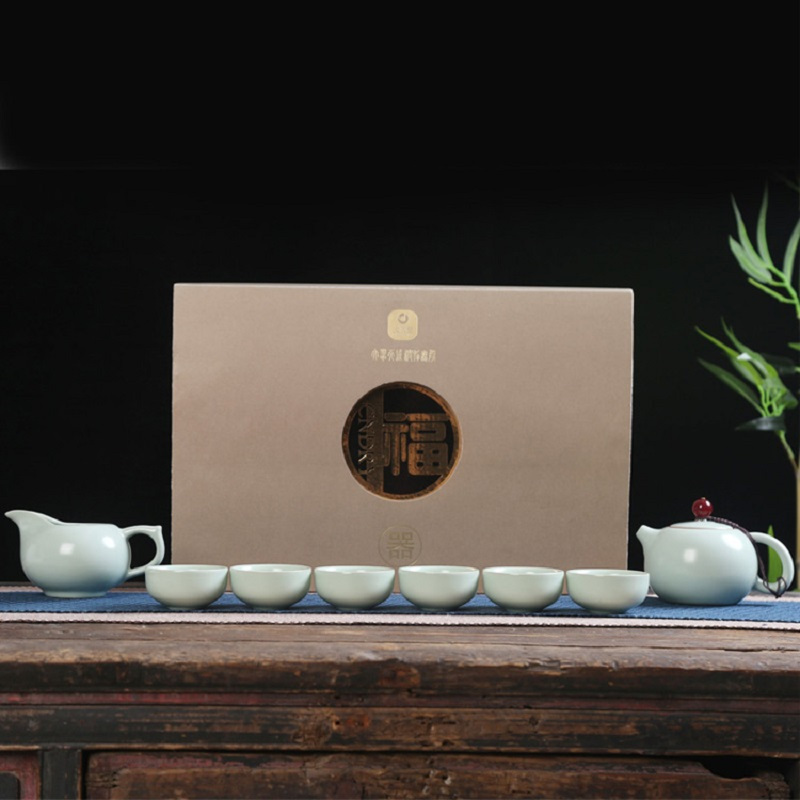 大润窑(DA RUN YAO)名窑古瓷汝窑8件套 功夫茶具套装浅绿色.