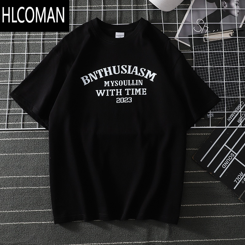 HLCOMAN纯色字母潮牌短袖t恤男夏季休闲宽松日系复古内搭情侣装
