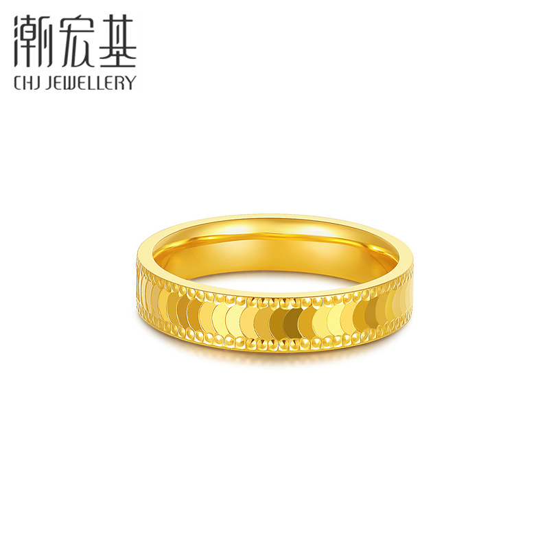 潮宏基高光金层影足金戒指黄金5g婚庆cnc镜面金女计价工费450元
