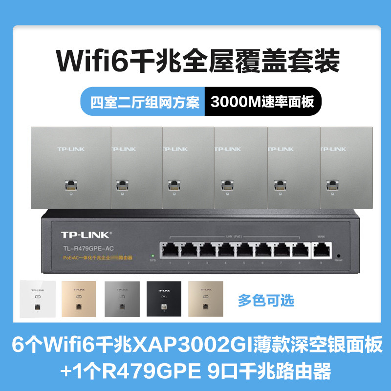 TP-LINK全屋覆盖WIFI6四室二厅3000M 5G双频无线面板AP套装6个wifi6面板XAP3002GI薄款(方)深空银+9口千兆一体化路由器智能家居大户型复式别墅家庭组网高清大图