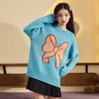 【2.5折价102元】唐狮秋冬新款蝴蝶结毛衣女外搭套头慵懒风软糯系宽松外穿上衣 湖蓝 M