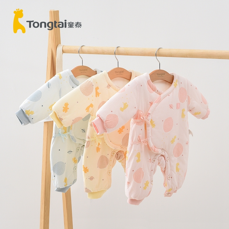 童泰(TONGTAI)秋冬0-6个月新生婴儿棉蛤衣男女宝宝斜襟系带纯棉夹棉连体衣小童宝宝连体衣