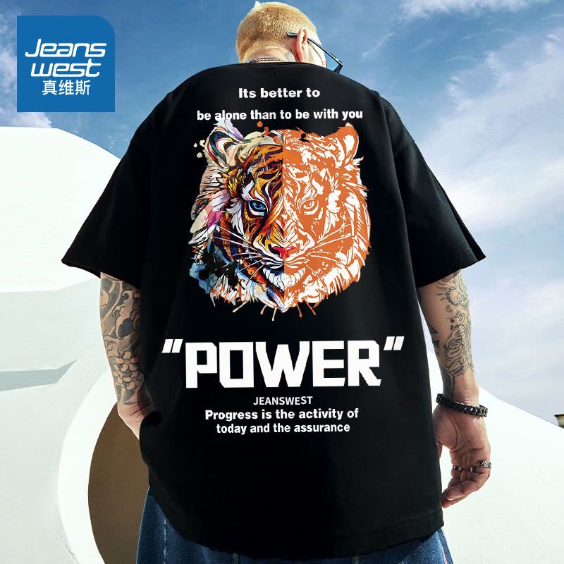 真维斯老虎t恤男宽松加肥加大国潮体恤纯棉高街潮牌男士大码短袖图片