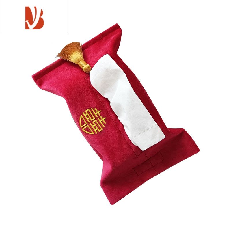 三维工匠ins喜字刺绣纸巾盒 布艺丝绒纸巾袋 婚礼婚房抽纸袋装饰 S款(喜)字-正红色图片