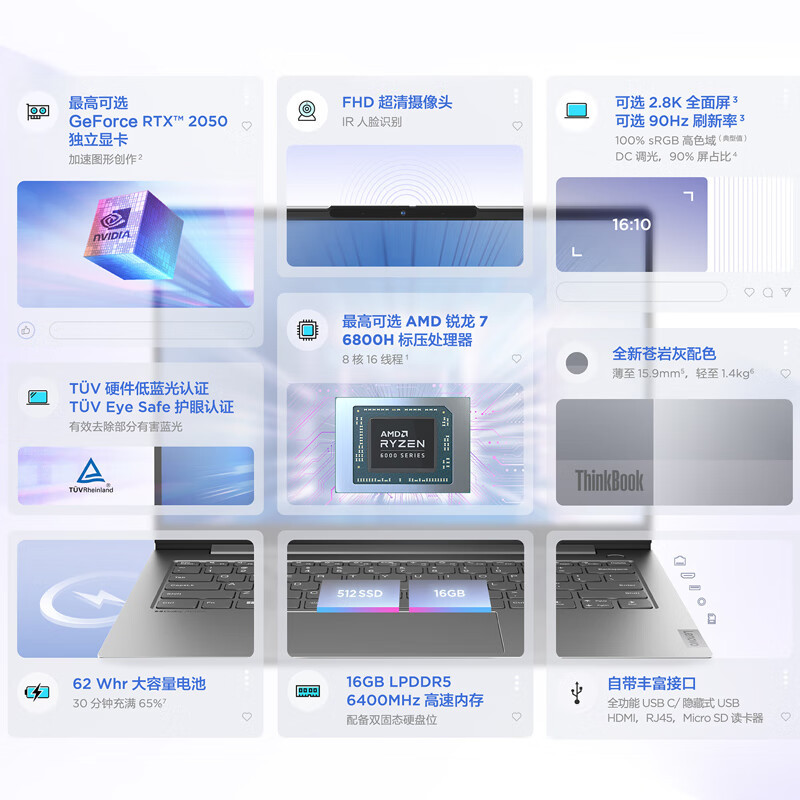 联想ThinkBook 14+ AMD锐龙标压笔记本电脑 全新2022款 14英寸标压轻薄本(R5-6600H/16G/2T/集成显卡/2.8K/90Hz/Win11)