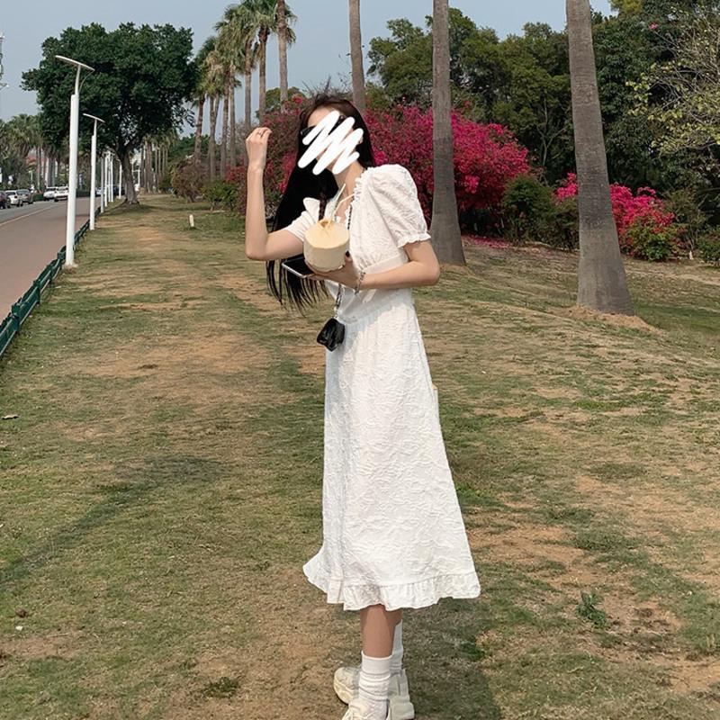 2021年夏季新款收腰显瘦甜美小众设计感未闻花名白色连衣裙女潮 白色 长款 (收藏加关注优先发货) S