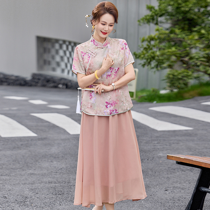 纤孜雅 中年妈妈夏装假两件减龄连衣裙新款中老年女遮肚显瘦短袖裙子 粉色 XXL