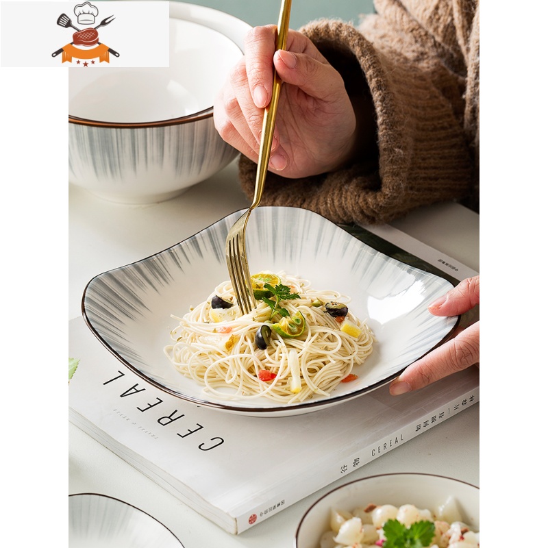 简约陶瓷碗套装家用吃饭碗面碗北欧风餐具创意碗碟套装组合装菜盘 敬平 穿越时空5英寸横纹碗10个高清大图