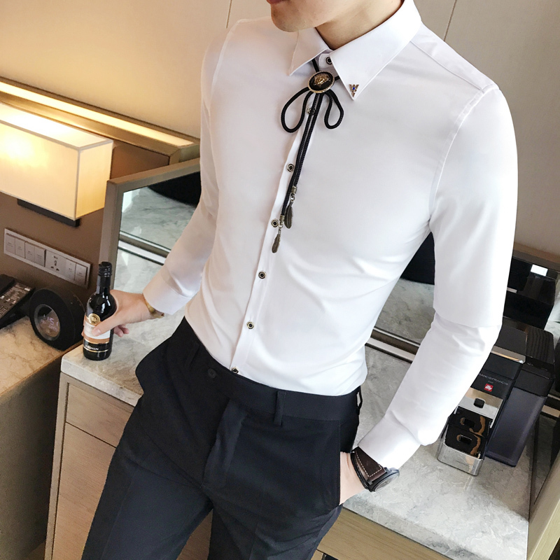 衬衫韩版男白长袖纯色修身免烫夏款青年英伦寸衣紧身型师衬衣潮