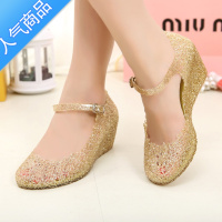 SUNTEK凉鞋女2023年新款夏季水晶坡跟沙滩鞋厚底外穿镂空果冻雨鞋洞洞凉 闪金偏小一码 36