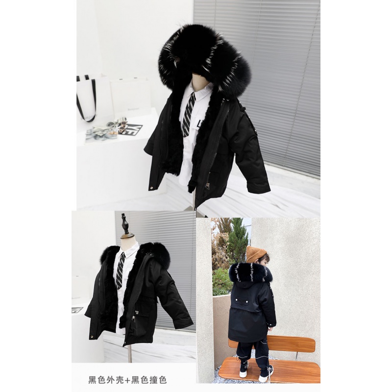 举翼王子男女中小儿童獭兔皮毛一体内胆派克服毛毛皮草外套中长款宝宝_14 150 黑色外壳+黑色撞色