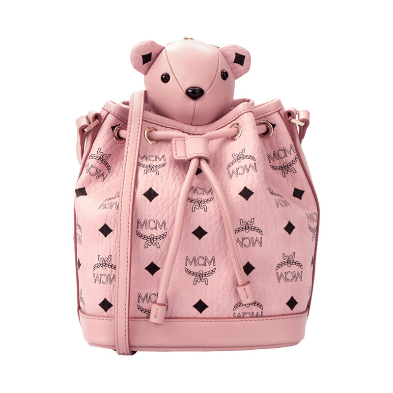 mcm女士粉色logo图案涂层帆布小熊水桶包抽绳包单肩斜挎包桶包礼物送
