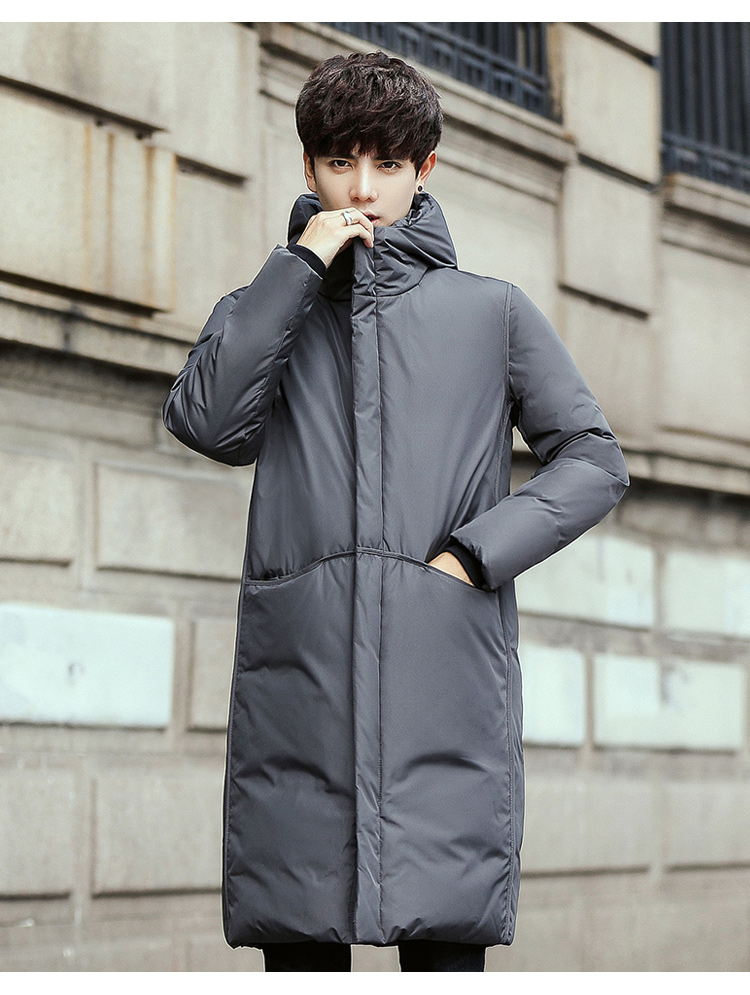 服男士白鸭绒韩版潮流休闲修身加厚冬装过膝中长款连帽外套男风衣参数