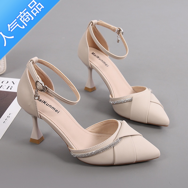 SUNTEK一字带百搭中跟尖头细跟单鞋包头凉鞋女2023年新款夏头季中跟高清大图