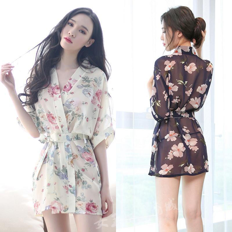 深V领中袖和服性感睡衣夏季情趣内衣女透视蕾丝短款睡裙系带睡袍