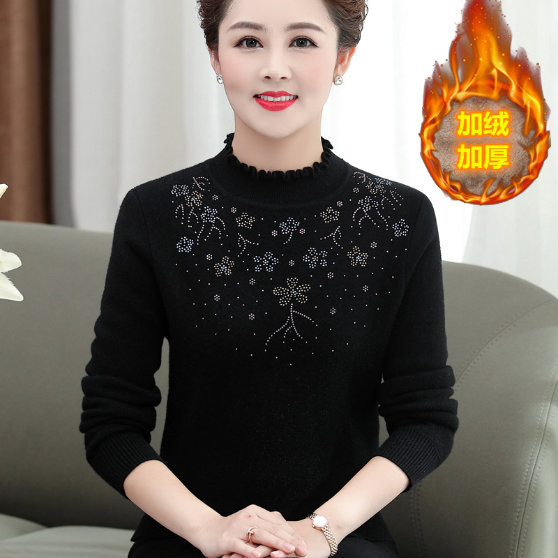 中老年女士加绒针织打底衫妈妈装冬季保暖上衣半高领加厚毛衣